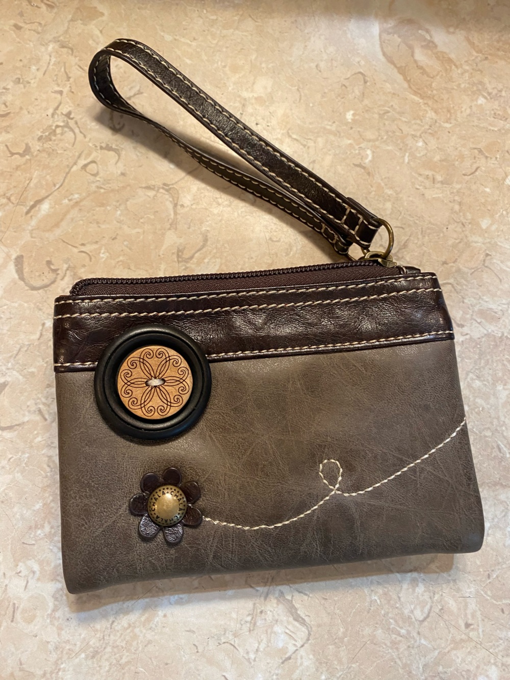 Chala Brown and Gray Floral Accent Wristlet Wallet